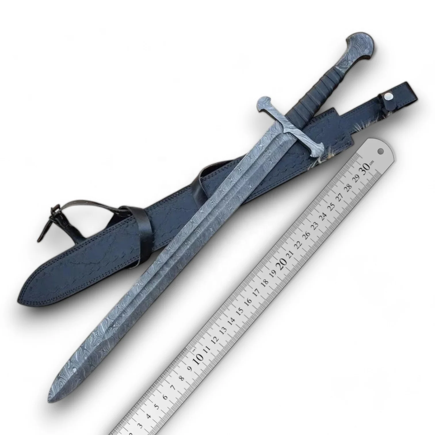 Viking Sword with Custom Handmade Damascus Steel Blade and Leather Scabbard for Display and Combat