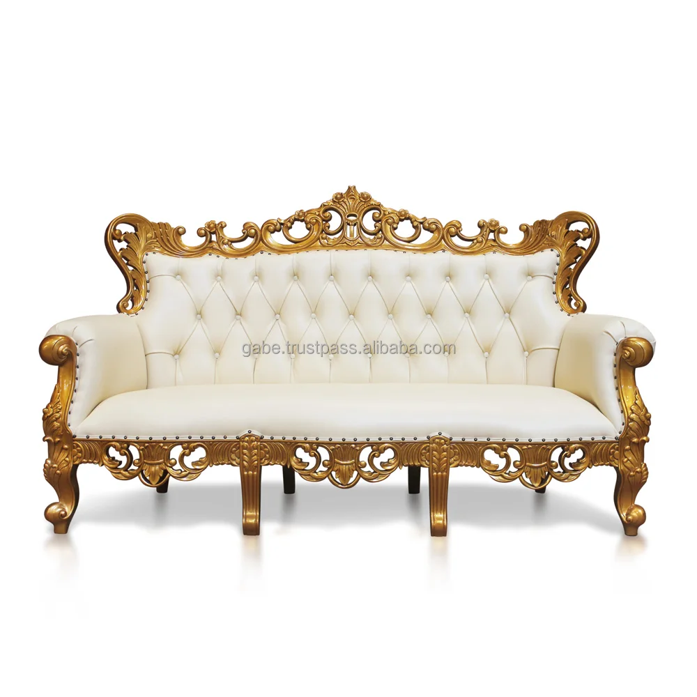 Royal Sofa 3 Seaters Carved Gold Colour with white Padded Leather