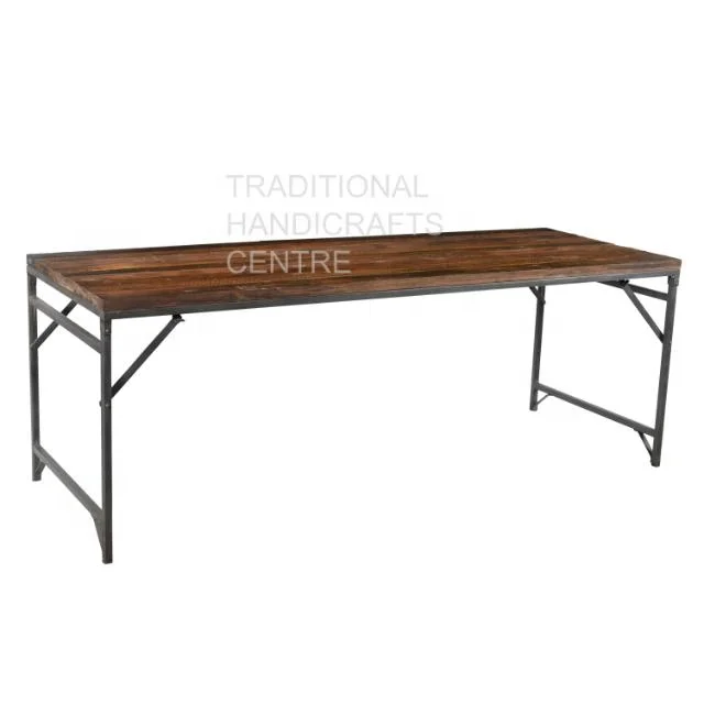 Designer Iron Folding Dining Table Solid Wood Finish Natural High Quality Luxury Living Room Home Restaurant Hotel Collection