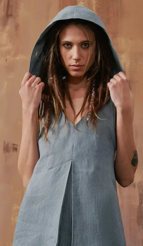 New Arrivals women long 100% linen floor length sleeveless linen long hoodie maxi with pocket linen dress