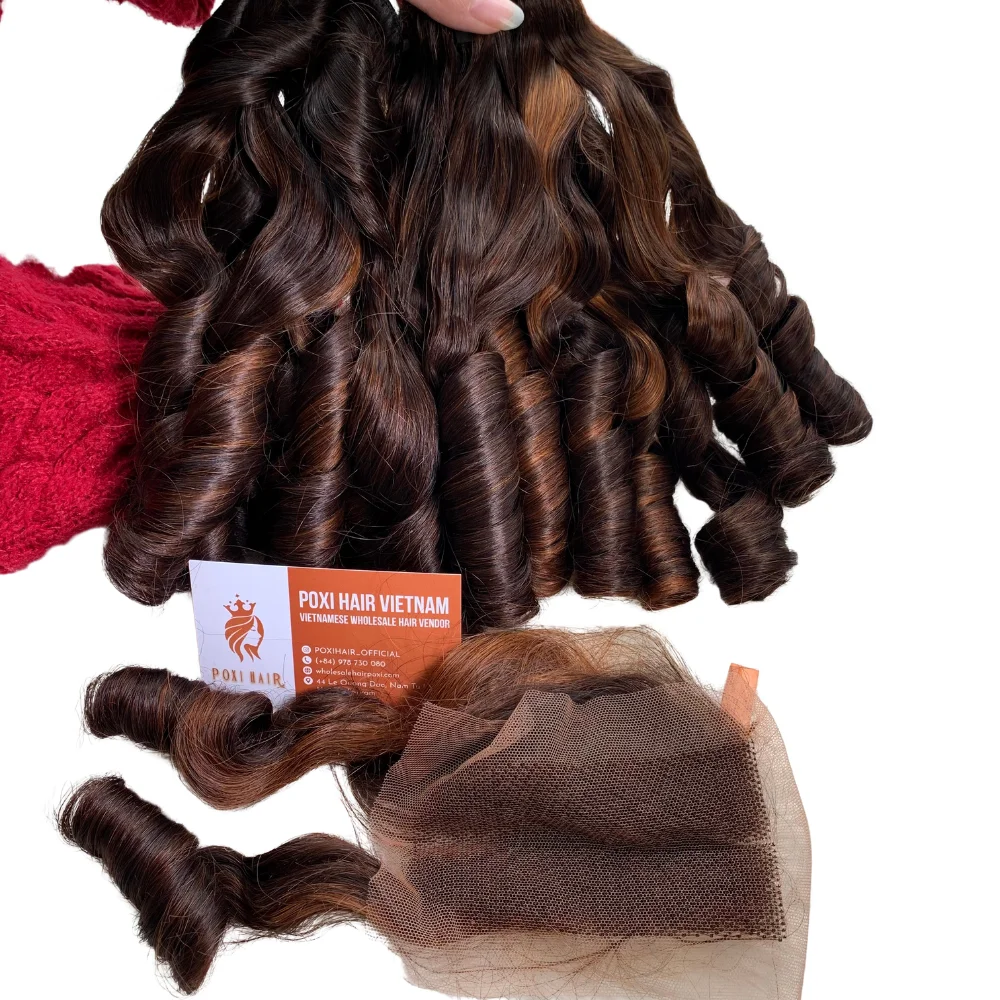 Funmi Curl 100% Raw Human Hair Extensions 16 Inches Piano Brown Orange Water Wave Cheap Price Curly Hair Bundles from Vietnam