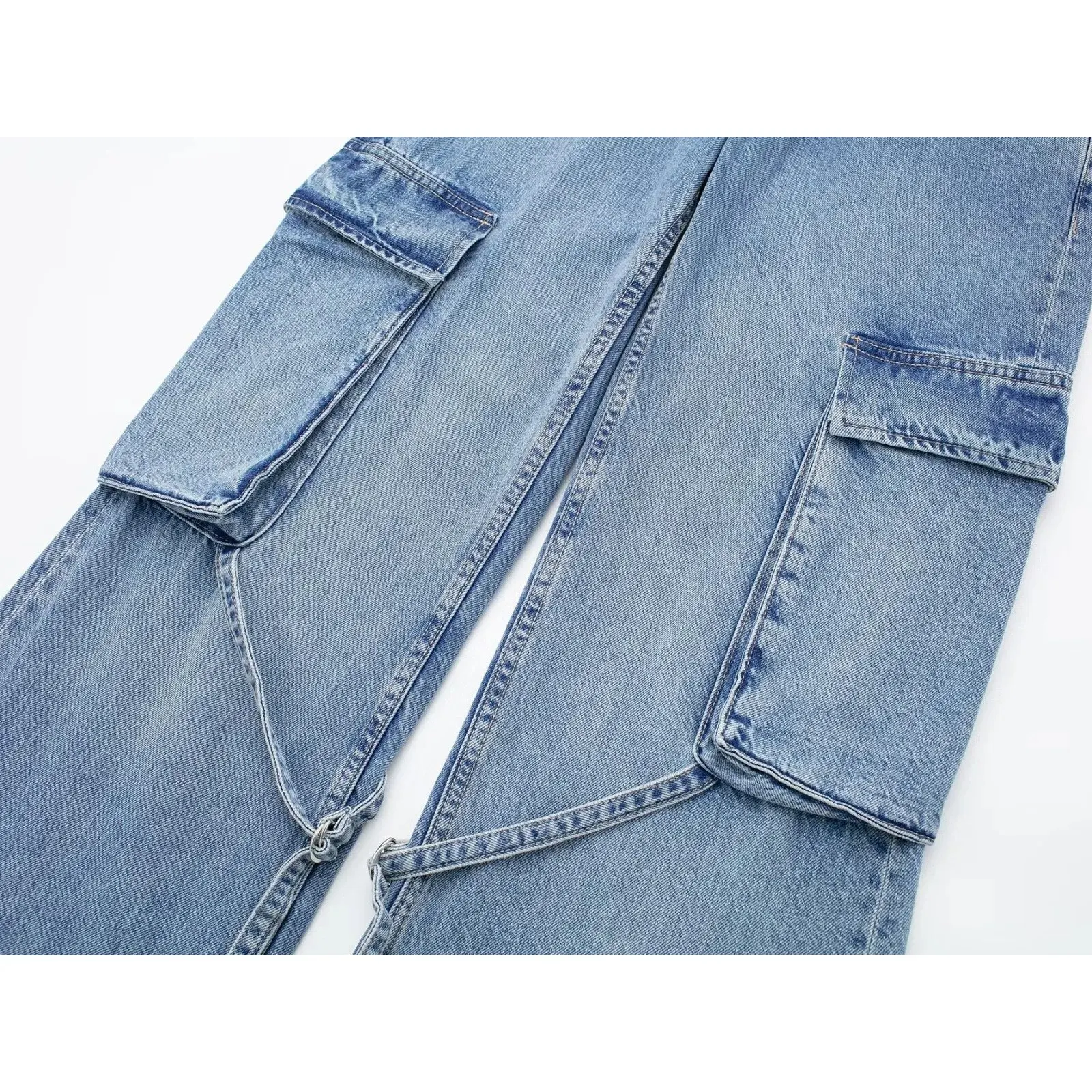 Denim Trousers Chic Lady High Street Pants Cargo 2023 New Clothing Women Mid-RiseJeans with Belt Loops Big Pockets