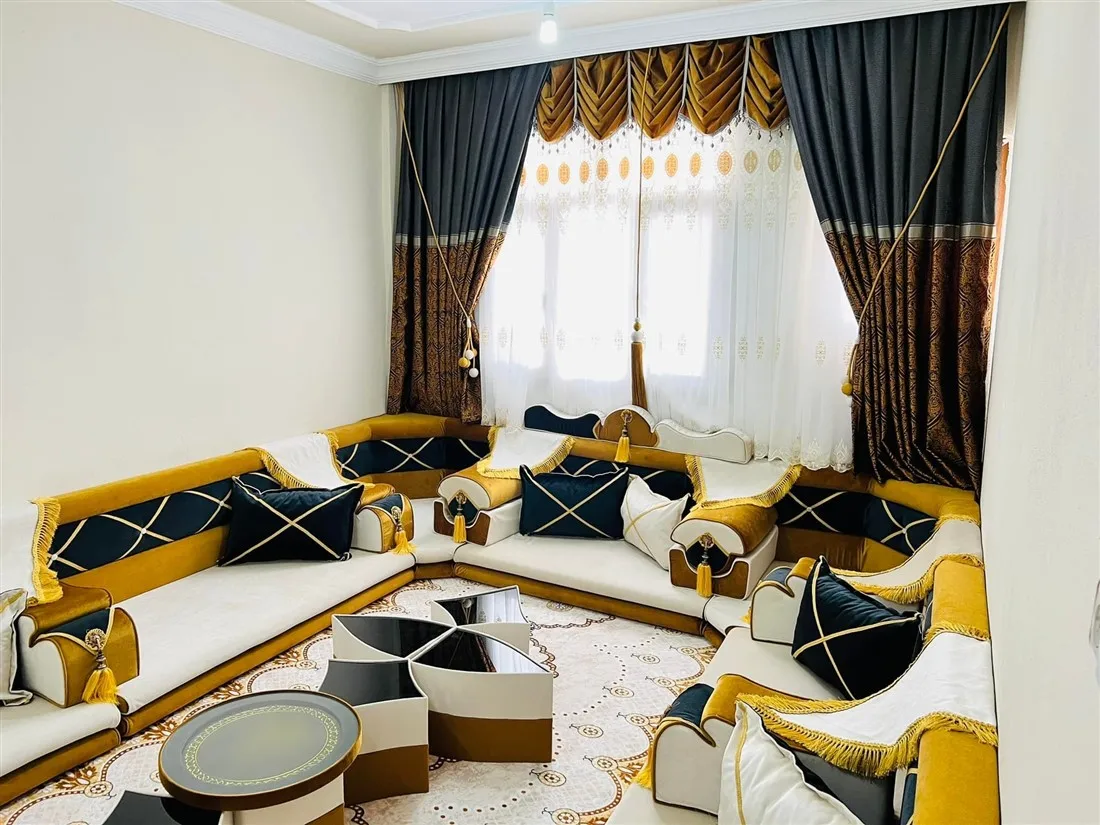 Ottoman Style Sofa Arabic Majlis Oriental Floor Seating | Sitting Height 15cm  |  Sofa + Wool Carpet + Curtain + Table Set FULL