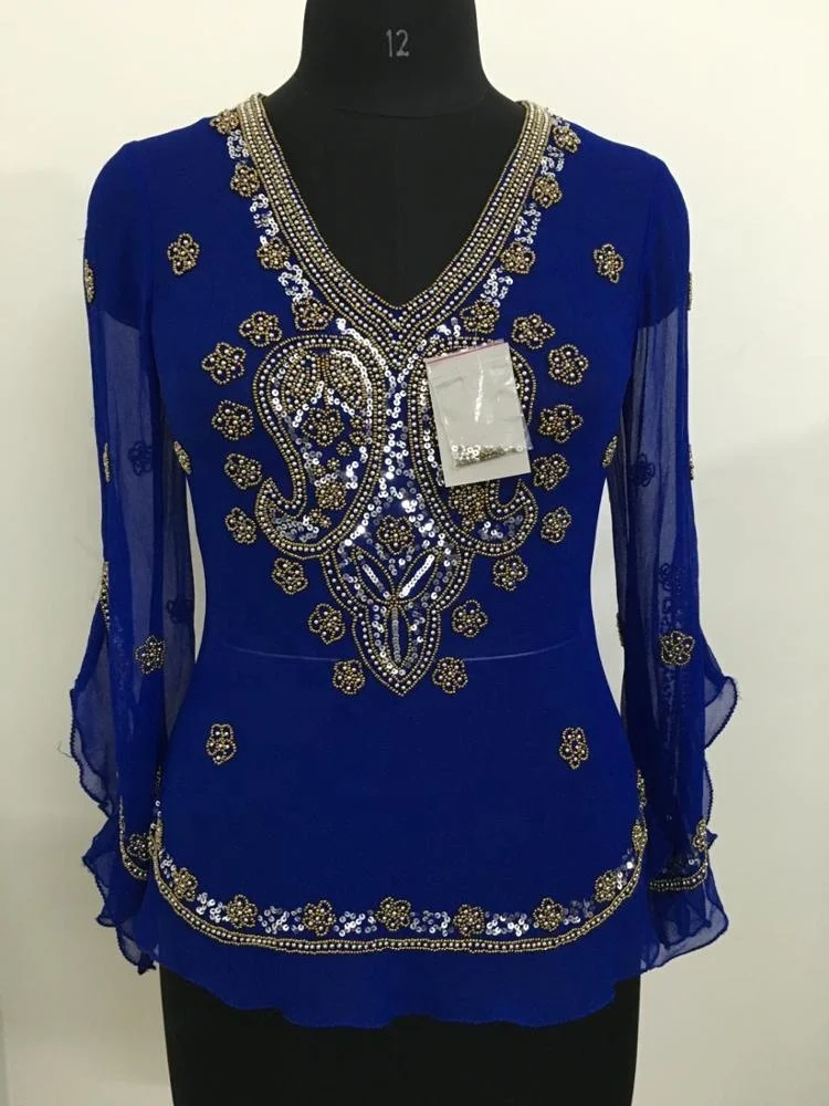 European Ladies Top Latest Best Design Blouses Fashion Tops Beaded Top Quality Heavy Hand Beaded Work High Street Sequin Summer