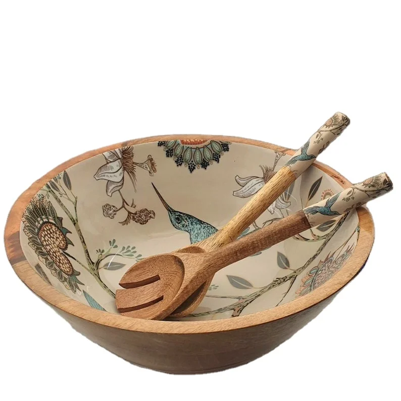 Wholesale Unique Enamel Design Large Capacity Acacia Wood Wave Salad Bowl with Salad Hands Serving Utensil