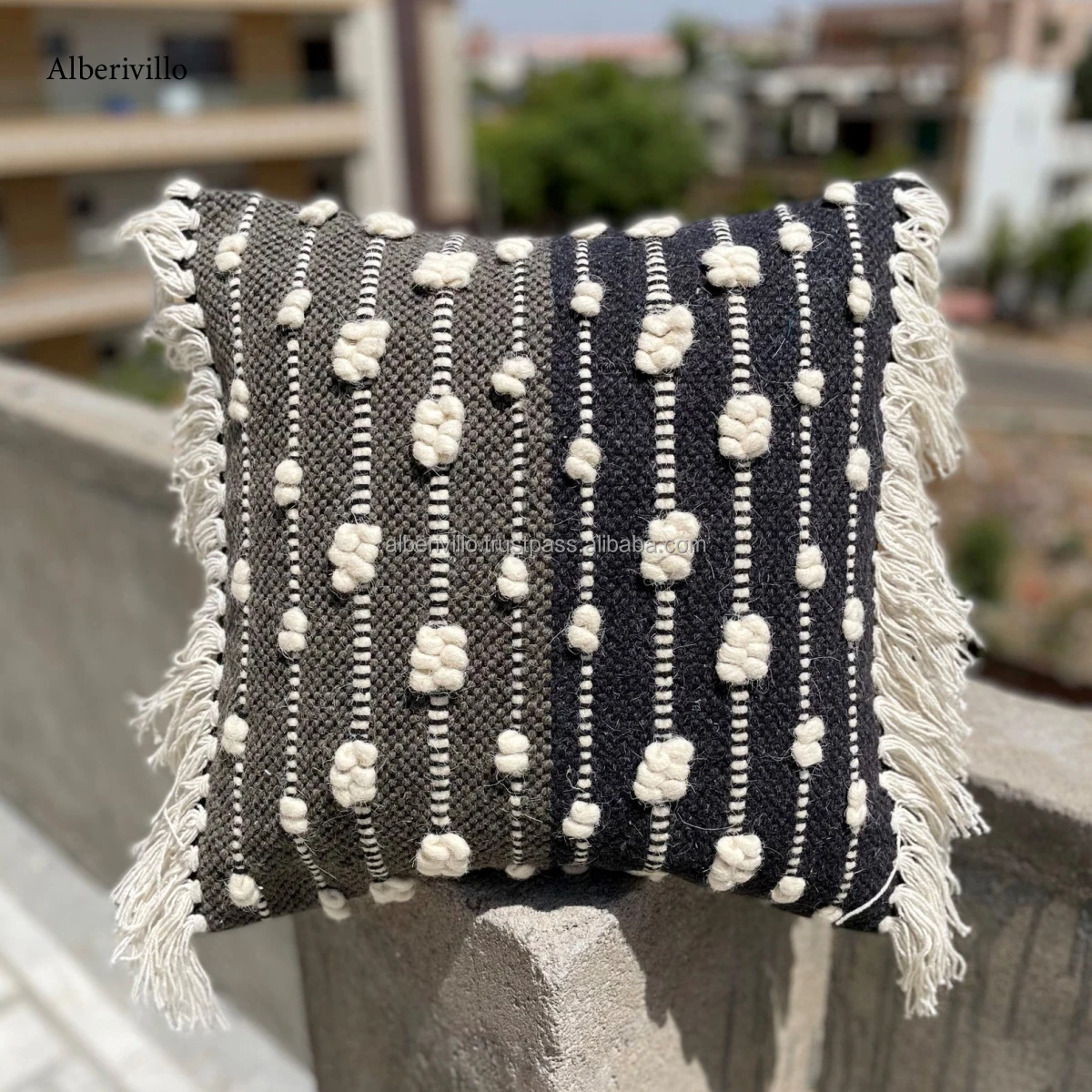 Natural Striped Fringe Black Throw Pillows Moroccan with Tassel Cotton Handmade Bohemian Throw Pillow Cover