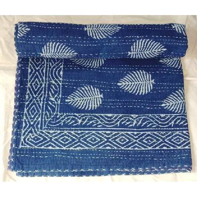 Hand Block Print Indigo Blue Kantha Bed Cover Reversible Bedding Bedspread Twin Size Vintage Cotton Quilt Set