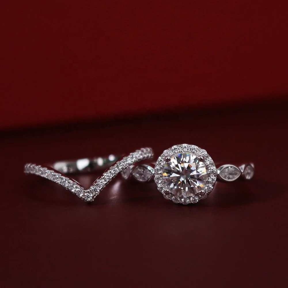 Ideal Cut Moissanite Diamond Jewelry Hypoallergenic 925 Silver 2 IN 1 Wedding Bridal Engagement Halo Ring Set Destiny Jewellery