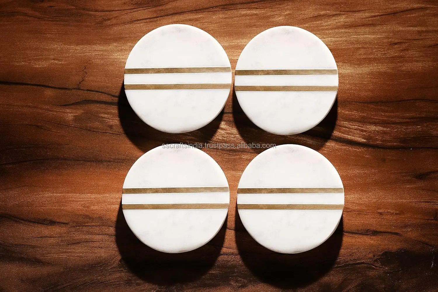 Marble Coasters Set of 4 with Brass Insert Round 10 cm X 10 cm Heat Resistant Drink Tea Coasters Natural Wood And Marble Indian