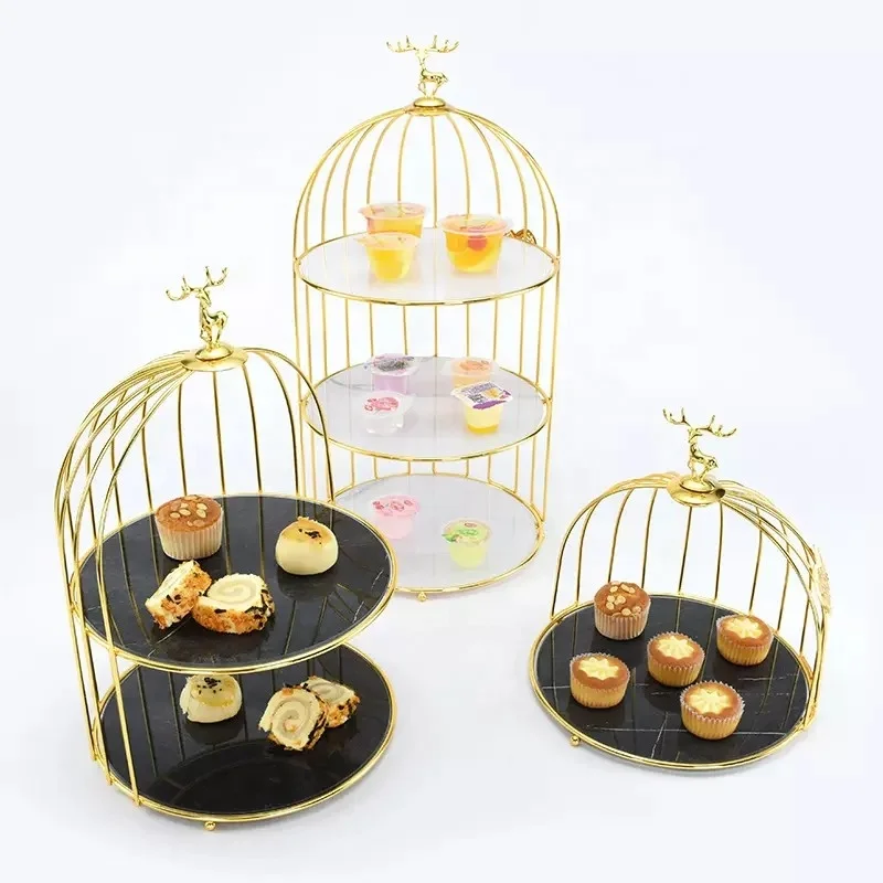Металлическая птичья клетка трехуровневая подставка для торта сверкающая кексов со стеклянным подносом на заказ