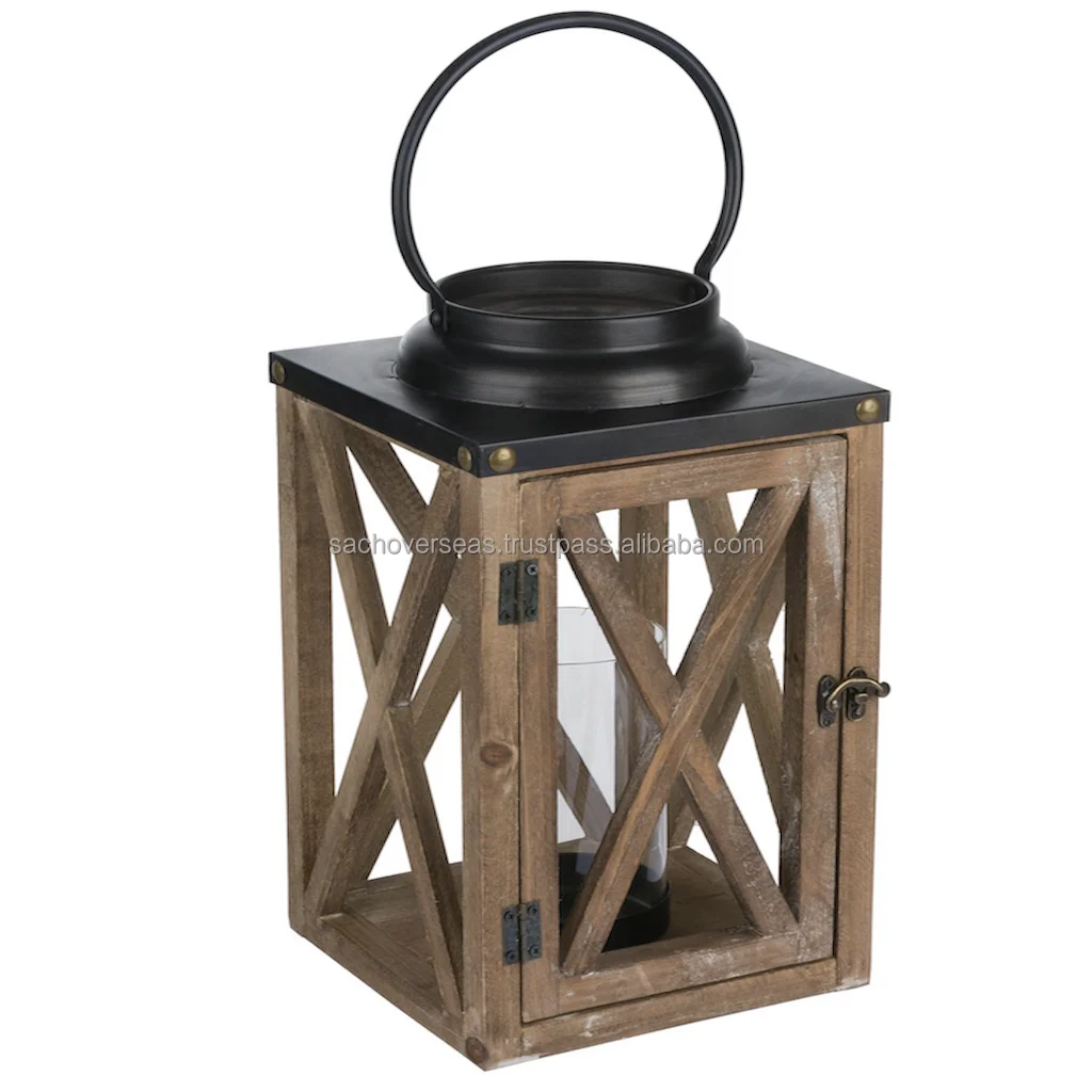Exclusive Wood Candle Holder Lantern with Flat Black Metal Top