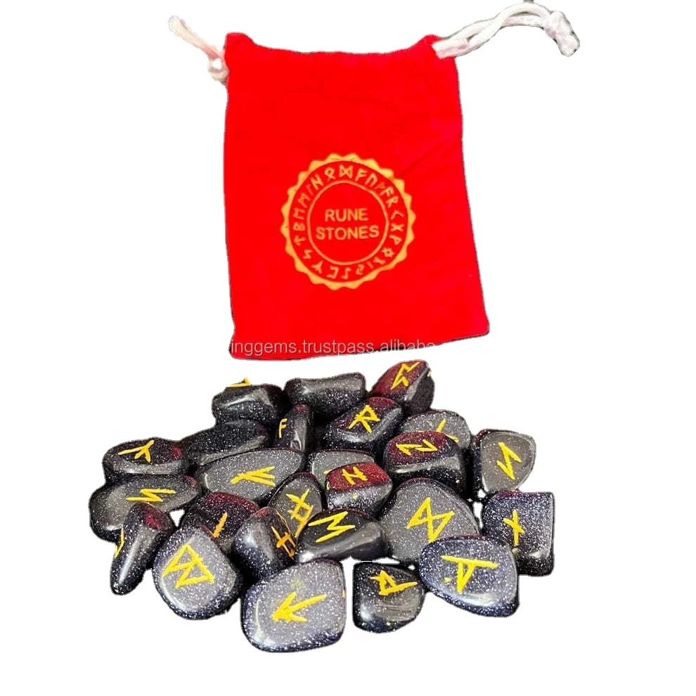 BEST HEALING STONE CRYSTAL BLUE GOLDSTONE RUNE SETS HEALING CRYSTALS 25 PIECES ENGRAVED TUMBLED RUNE STONES BLUE AGATE RUNE SET