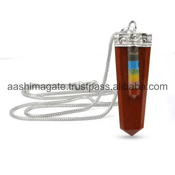 Red Jasper 7 Chakra Flat Stick Pendant Sier Polished Quartz Chain Healing Meditation Reiki Spiritual Rock Pendant Gemstone
