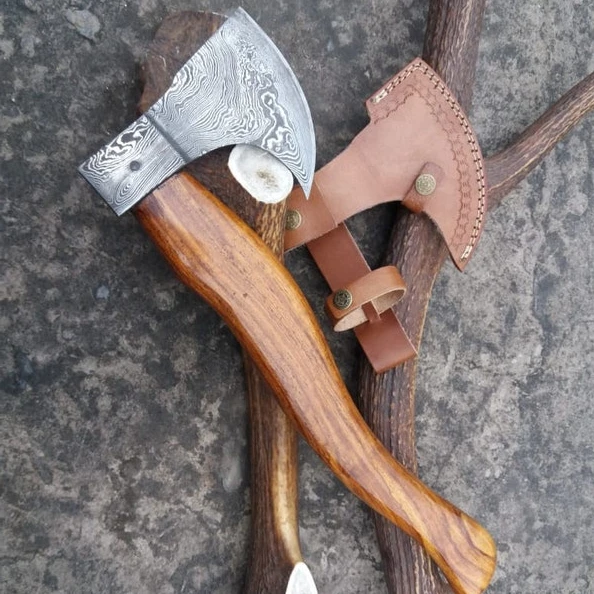 Wholesale Superior Quality Custom Made Damascus Steel Tomahawk Axe Hatchet with Rose Wood Handle Hiking Axe