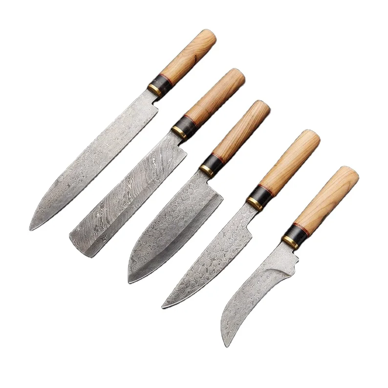 Damascus Knife Custom Handmade-Lot Of 05 Damascus Steel Chef Knives