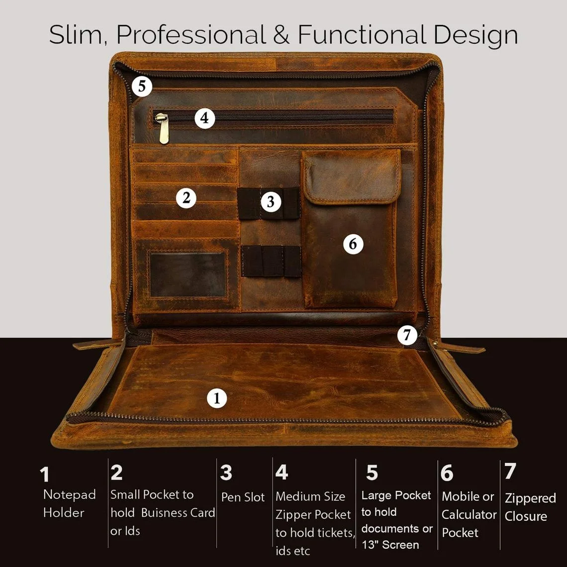 Durable Leather Portfolio, Easy to Carry Zip Closure Holder Leather Folder For Travel Document Holder