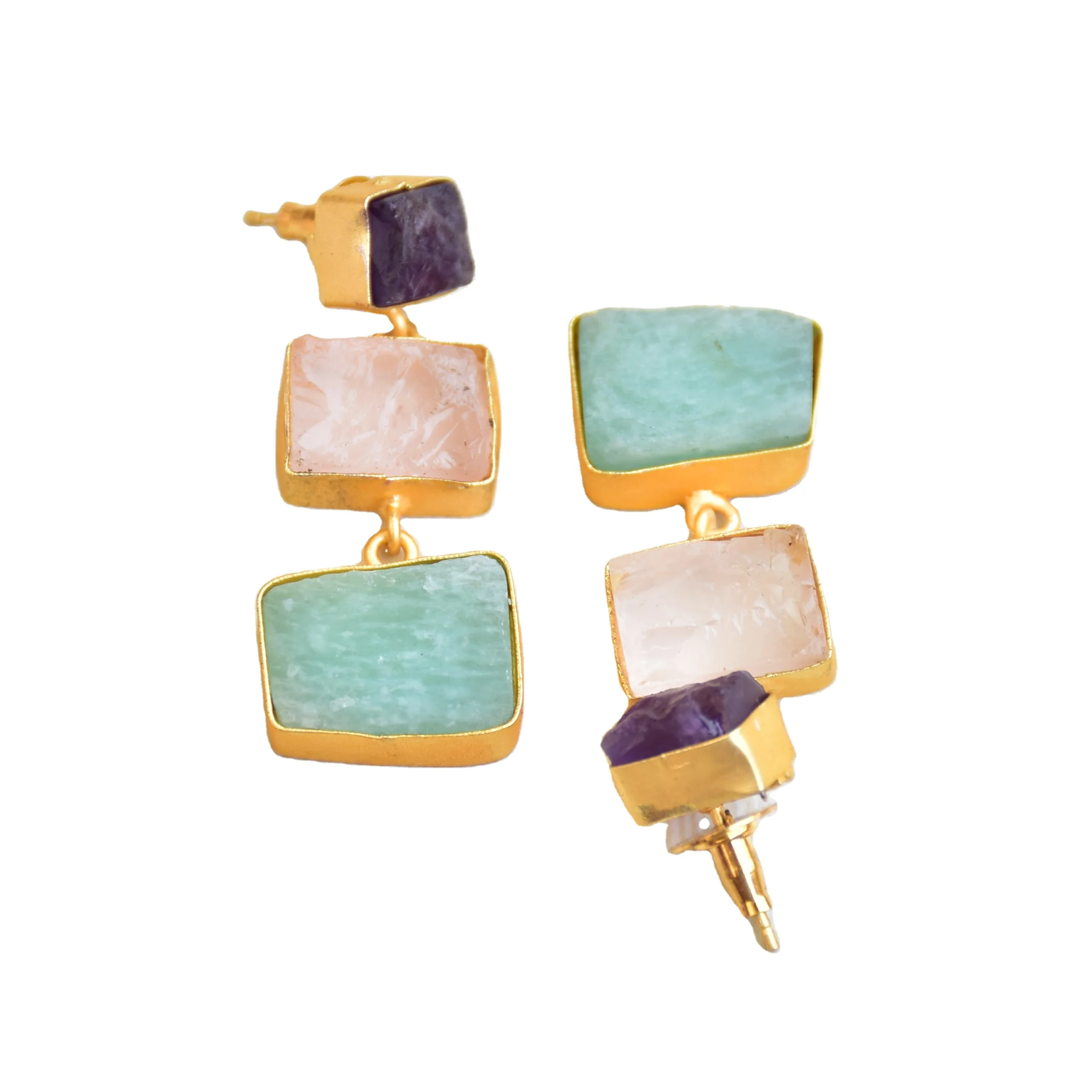 Semi-precious stone earrings Raw gemstone handmade jewelry suppliers trendy natural stone jewellery drop earrings Gold plated