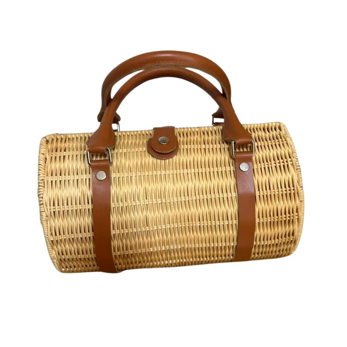 Eco Friendly Woven Rattan Bag, Bucket Bag Basket, Beach Summer Bag Mix Leather Luxury Vietnam Handicraft