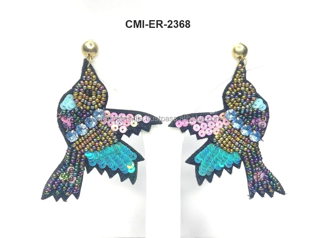 Handmade Beaded Stud Earrings with Classic Wings Design Fashion Jewellery Embroidery Direct from India for Women and Girls