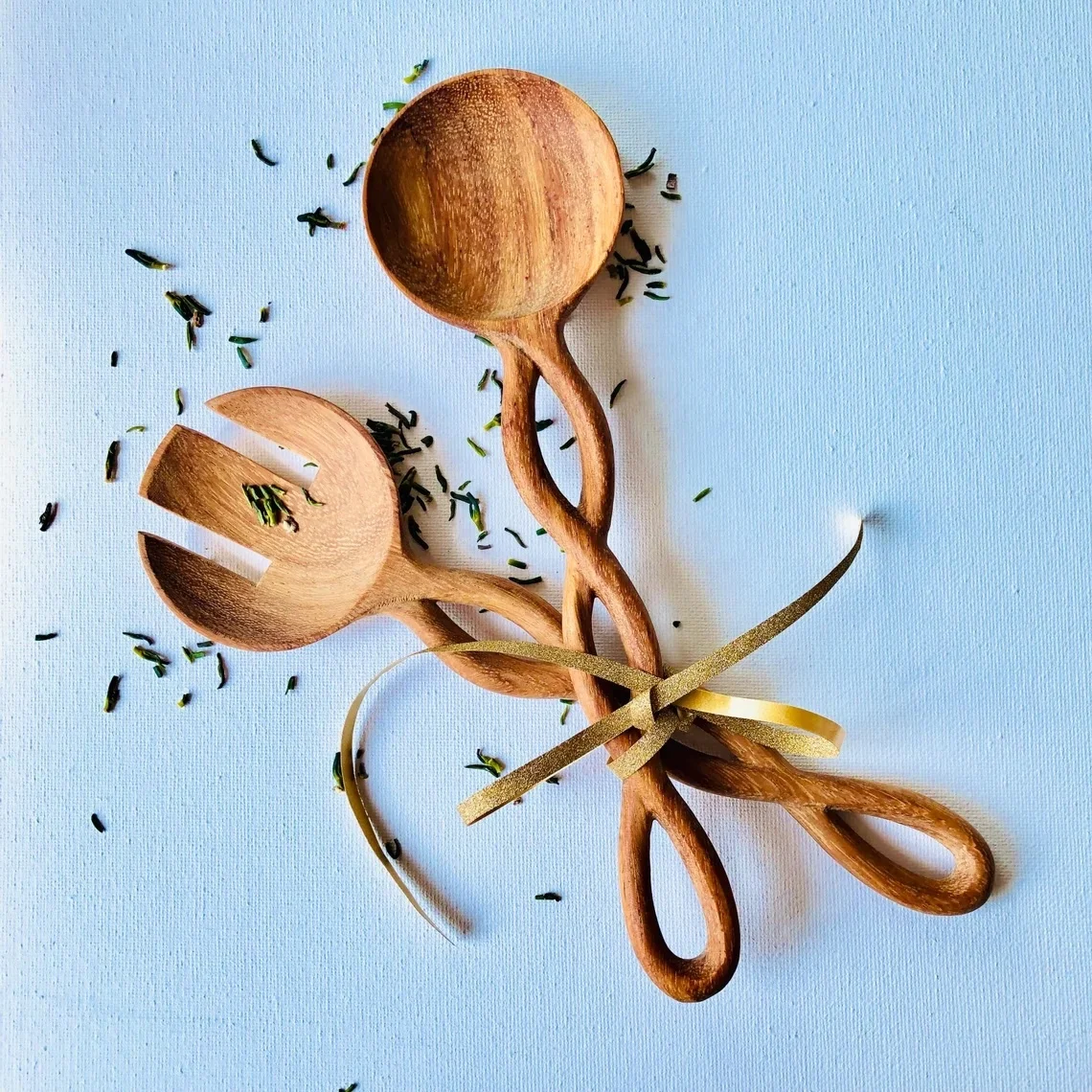 Ручной работы большой сервера салата ложки витой спираль образная ручка комплект из 2