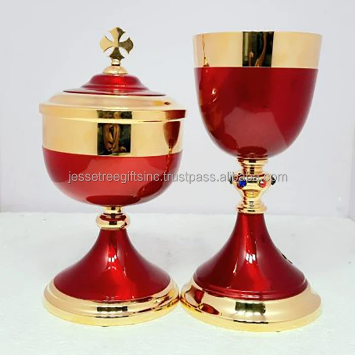Brass Church Ciborium With Shiny Polish & Yellow Enamel Finishing Round Shape Genuine Quality Cross Inlay On Lid For Drinking