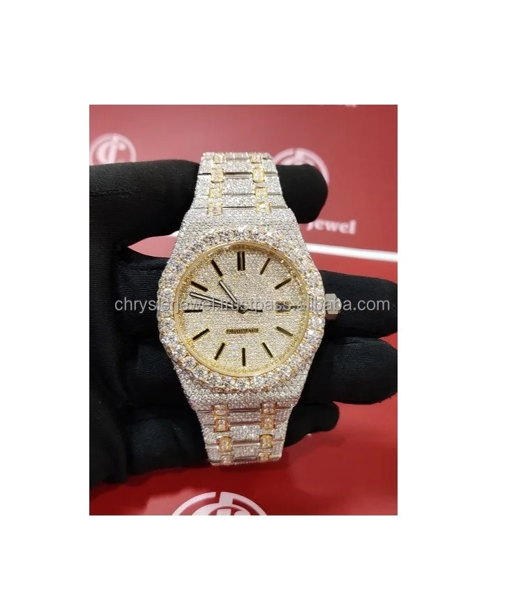 Natural Quartz Diamond Watch High Quality Iced Out VVS Clarity Moissanite Diamond Studded Stainless Steel Watch From India