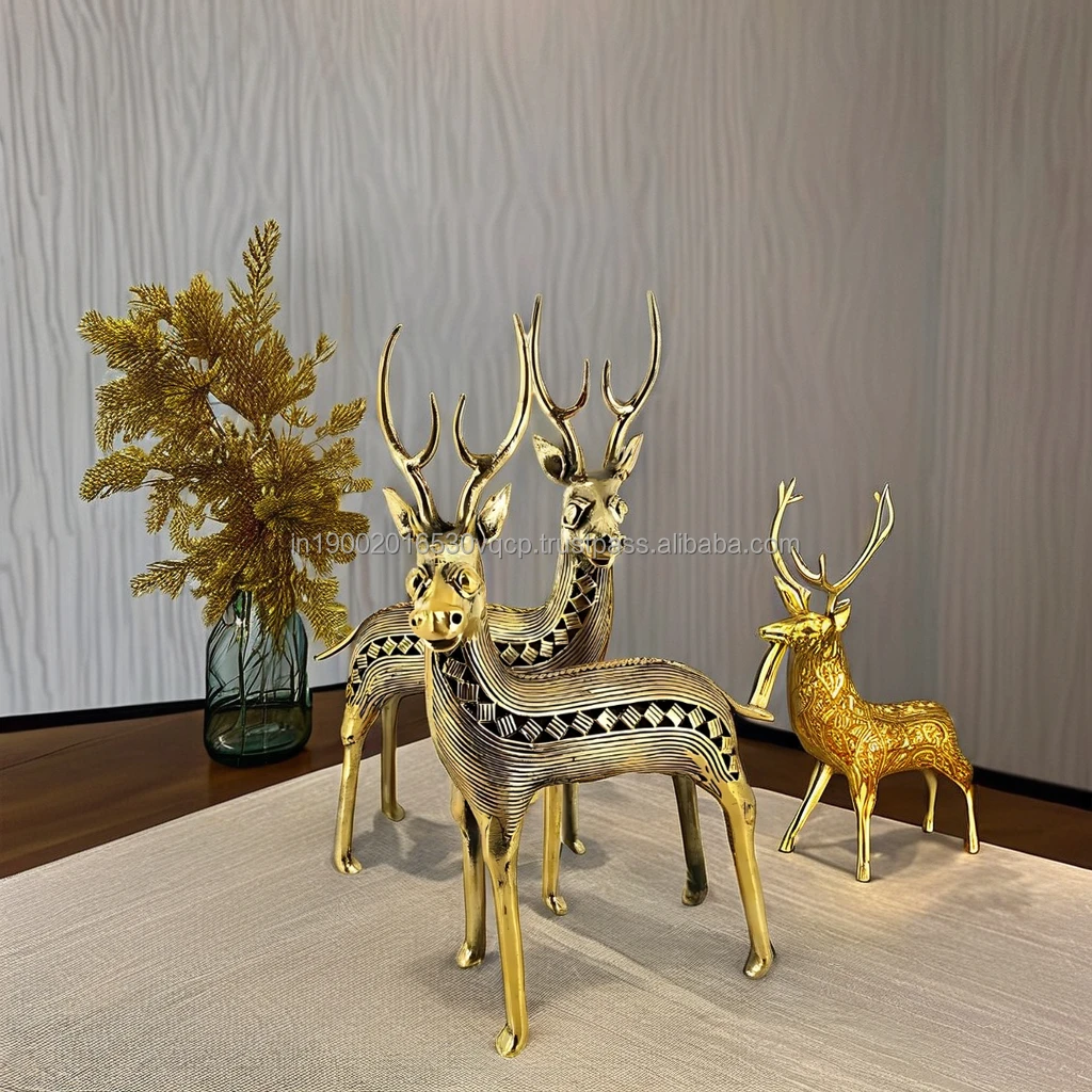 Hand Crafted Pure Brass Deer Duo Standing Antique Table Top Decor Traditional Design Aesthetic Home Decor Golden Finish 6.5 Inch