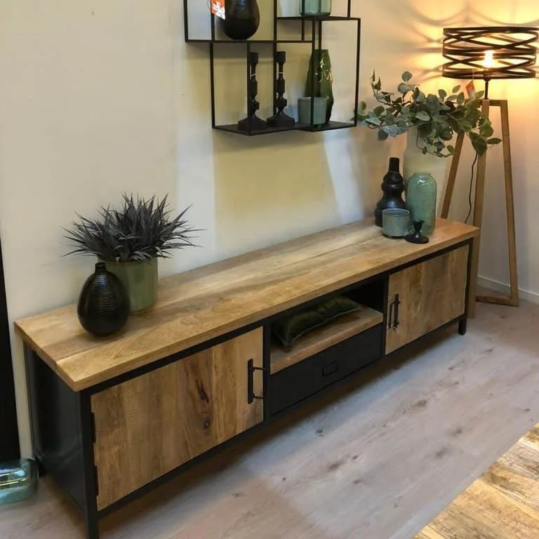Vintage Industrial TV Media Cabinet Unit Jodhpur Mango Ara Wood TV Unit Cabinet Living Room Iron Wooden TV Cabinet Storage