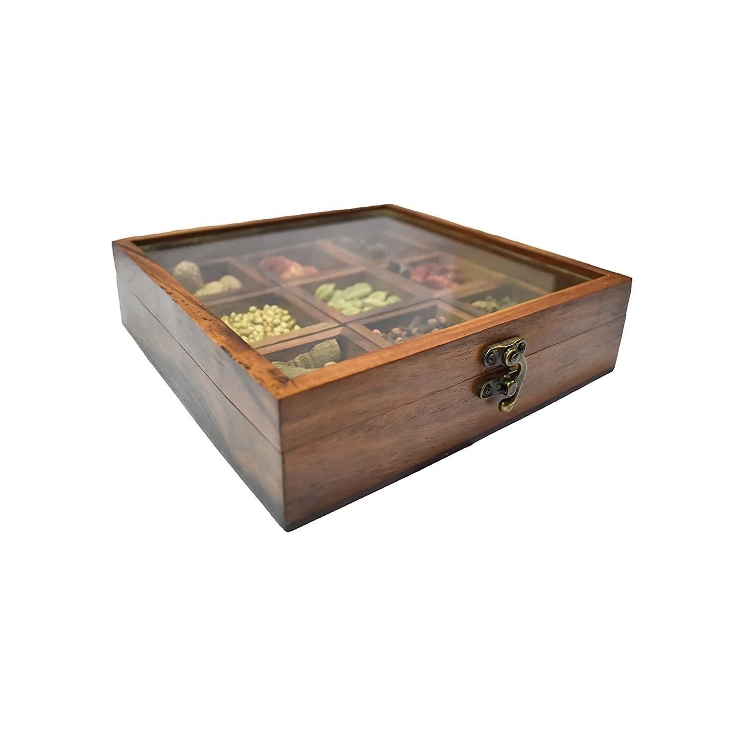 wooden box with 9 sections and is great to store Indian made spices box handcrafted from 100% acacia wood for home & restaurants