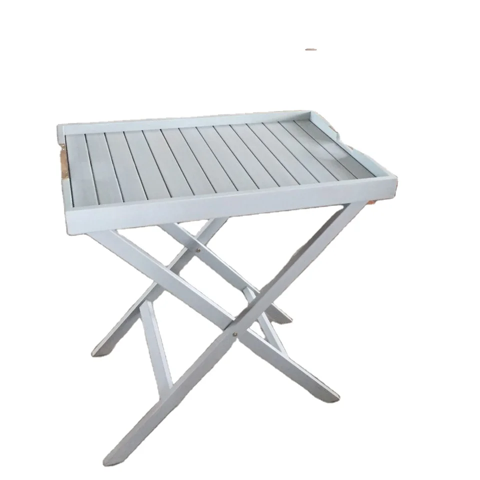 White color wooden square foldable table portable outdoor folding side table wooden tray acacia removable legs