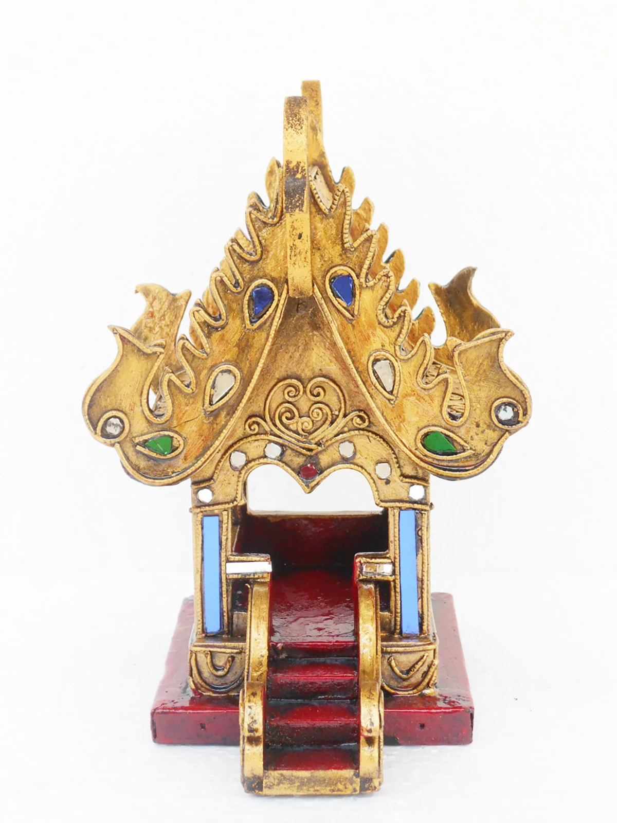 SanPraPhum Traditional Thai Style Spirit House Wood Carving in Brown Red and Glass Altar Shrine Size 22 cm for Home Decor