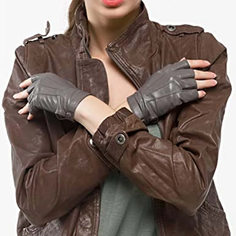 OEM service Women Driving genuine cowhide Leather Gloves Half Finger Fingerless  Gloves