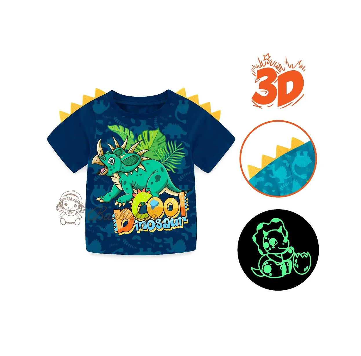Barbieliya boy 3D shark animal T-shirt glow in the dark outerwear