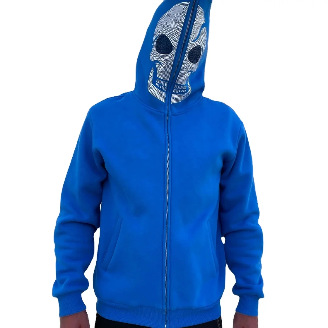 Custom newly design oems streetstyle cut & sew full face zip up hoodie with zipper hood outside