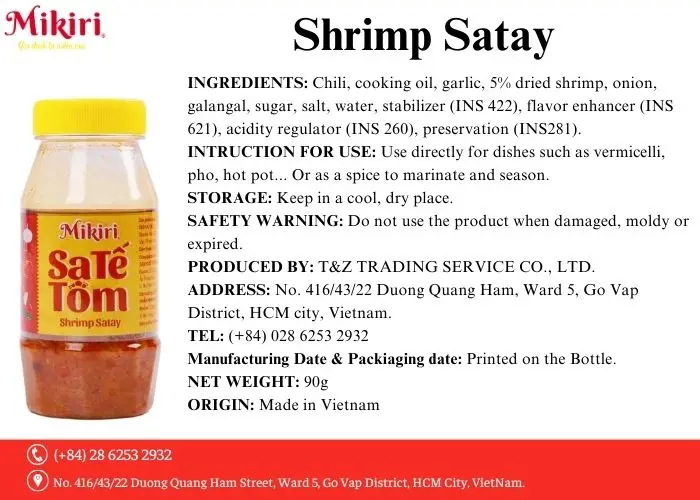 Shrimp satay 90g ingredients 5% shrimp, chili Used as a dipping sauce with Quang Noodles, Bun Bo, Pho, Chewy Noodles, Vermicelli