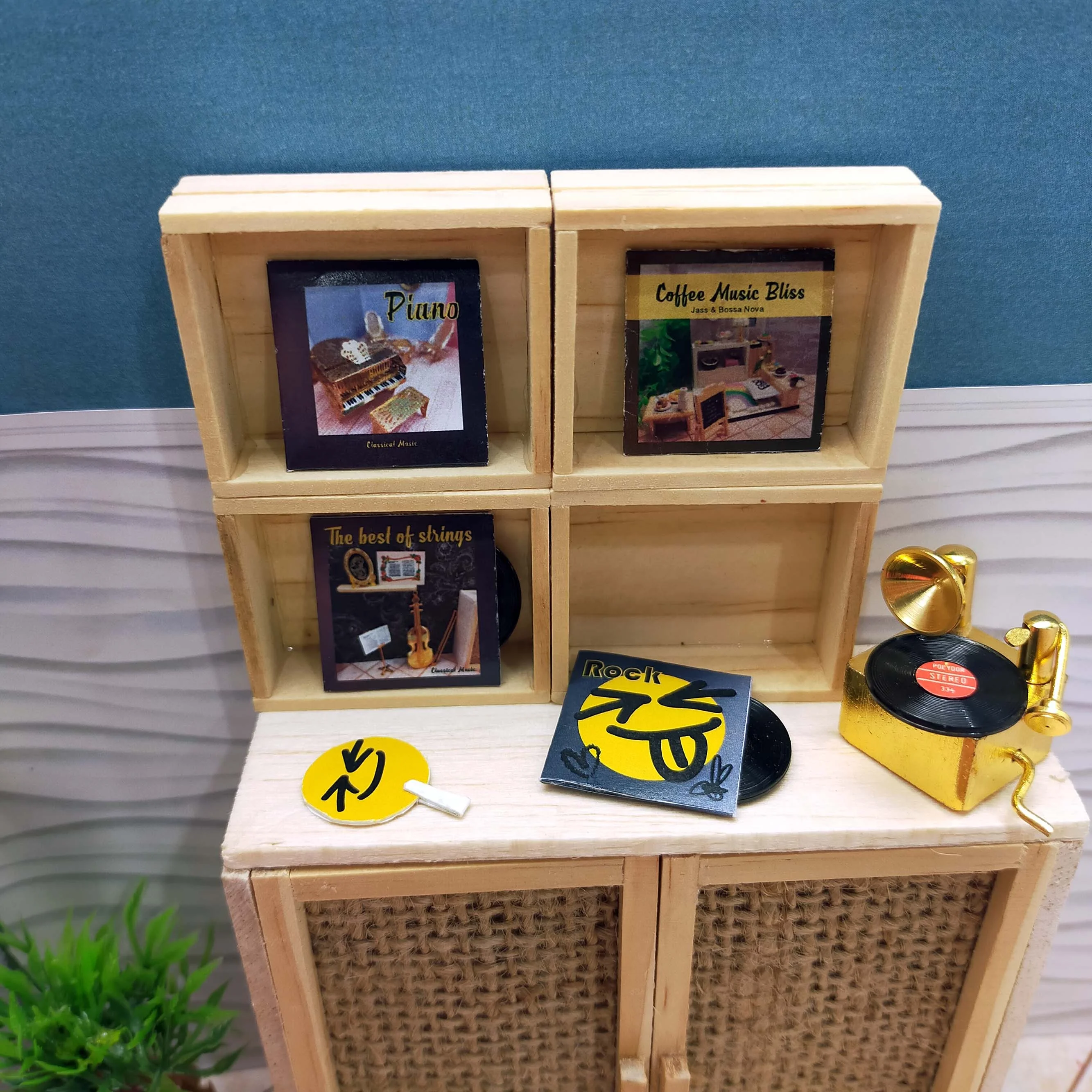 Miniature Scale 1:12 Vinyl Record and Wooden Cabinet Homey Decorations for Dollhouse Furniture Toys