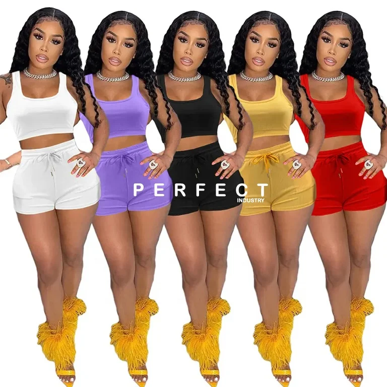 Perfect 2024 Custom Summer Outfits Women Clothing 2 Piece Set Crop Tank Top Jogger Biker Lounge Wear Two Piece Shorts set