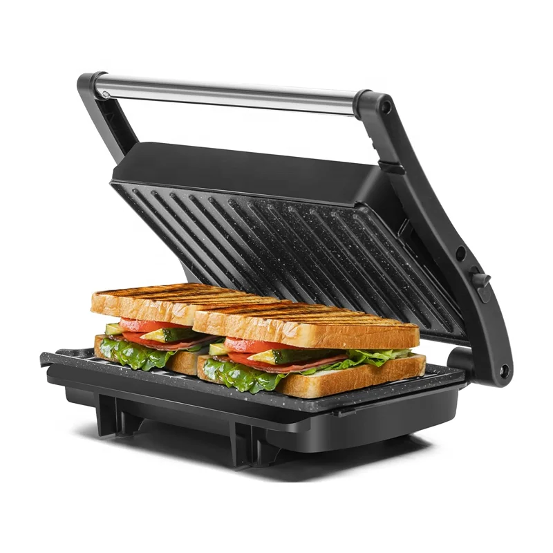 2-Slice Panini Press Grill 1000W Electric Sandwich Maker with Non-stick Plates Opens 180 Degrees Drip Spout & Locking Lid Sliver