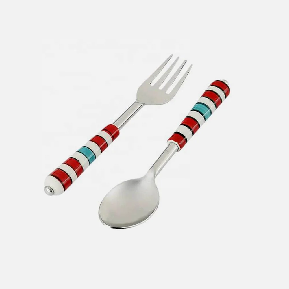 Unique Stylish Handmade Red And White Handle Dessert Spoon And Fork Set Wedding Gift Flatware Set Silver Matte Stainless Steel