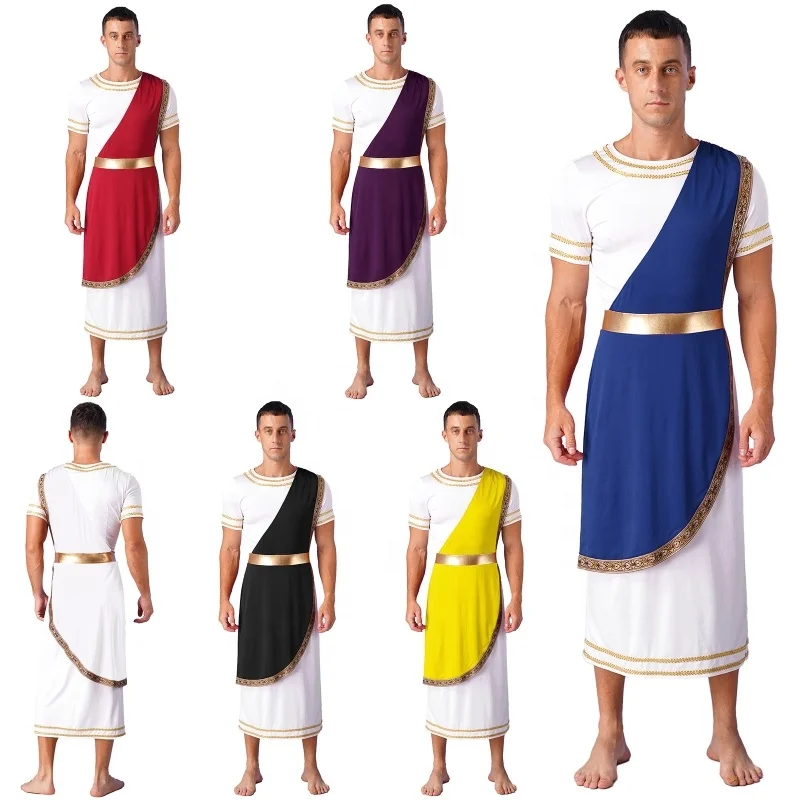 Mens Halloween Ancient Greek Toga Dress Up Short Sleeve Costumes Cosplay Roman Robe Nightclub Stage Costumes Party Wear