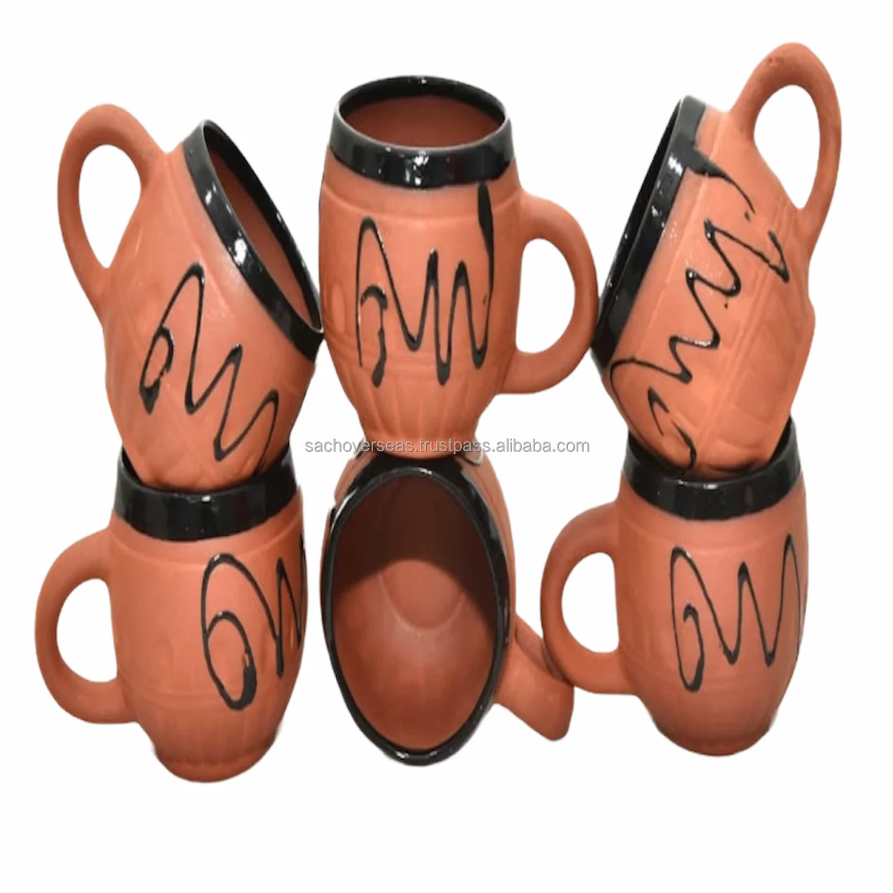 Handmade Organic Glazed Natural Clay Mud Tea Coffee Cup with Black Colour Painting Design for Sale, Set of 6 Pieces