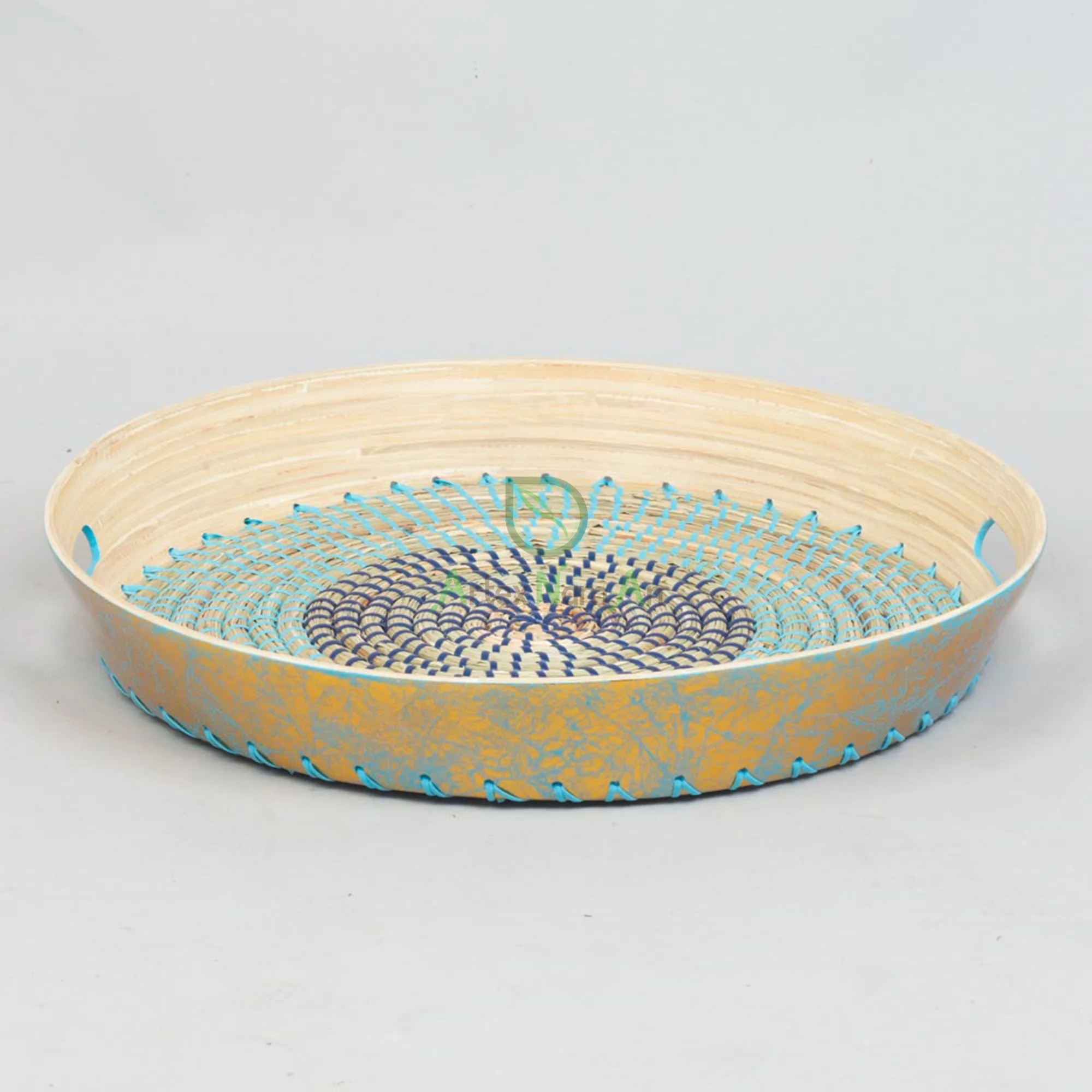 Vietnam Suppliers Eco-Friendly round Seagrass Bamboo Serving Tray with Handle Custom Size Wooden Trays Home Decorative Purpose