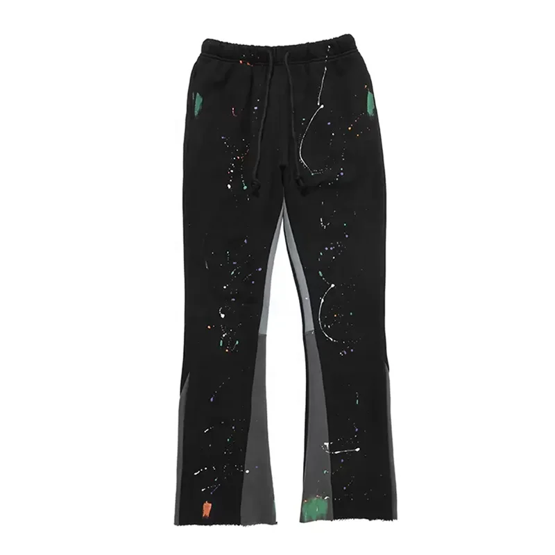 stacked Sweatpants Casual Flared Jogger Track Graffiti Paint Splatter Pants Patchwork drawstring Waistband Men flare sweatpants