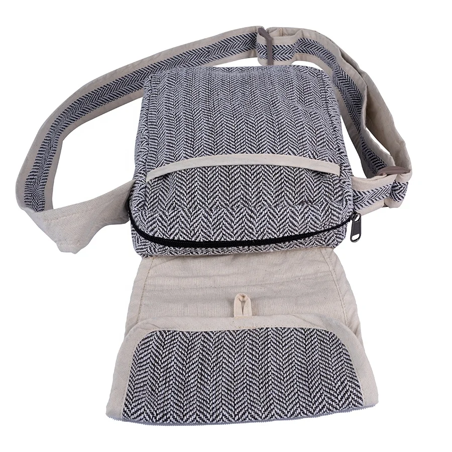 Linen Messenger bag shoulder sling adjustable strap unisex design fish-bone pattern travel documents carry bags passport bags