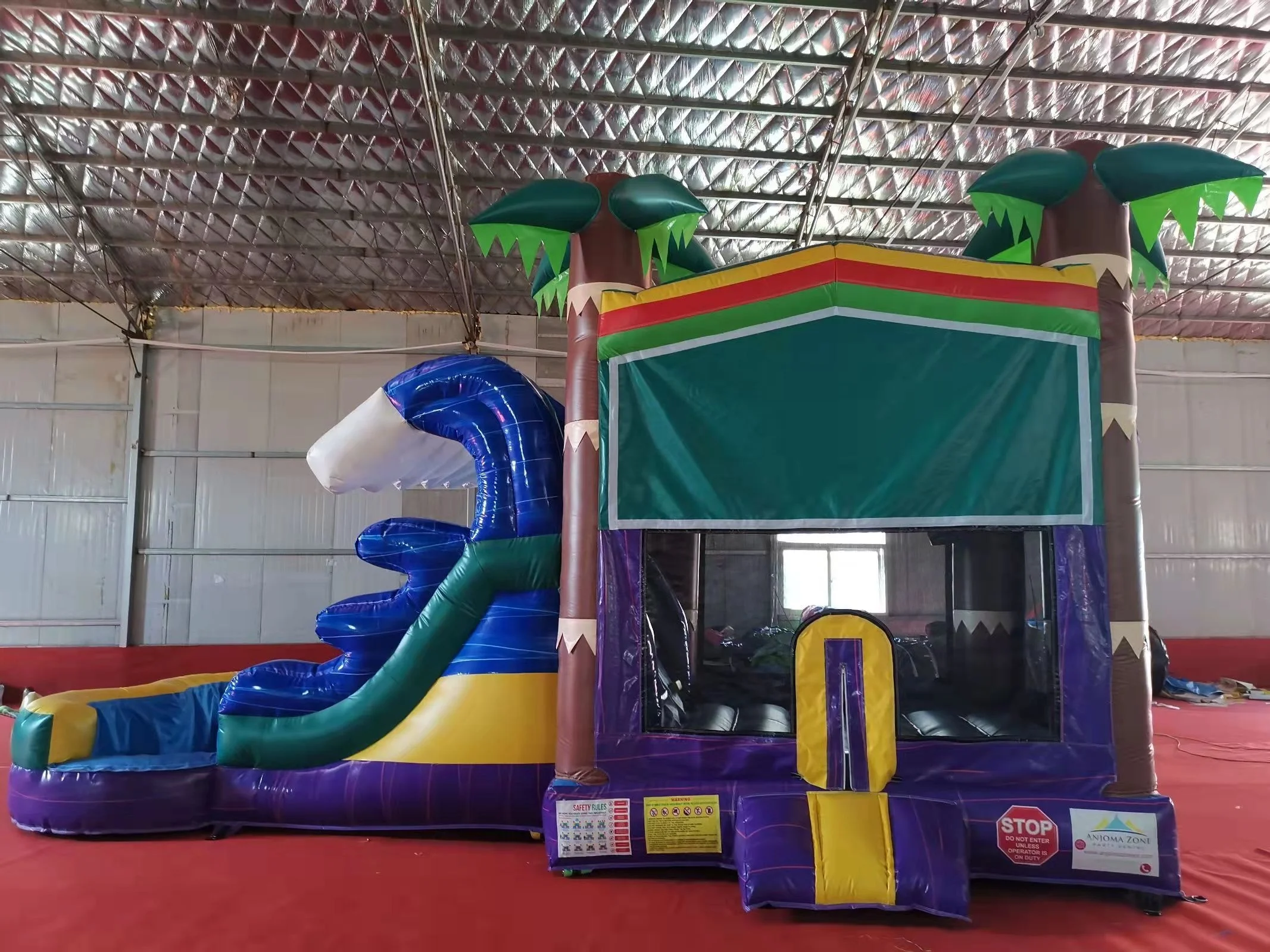 marble purple inflatable castle combo palm tree bouncy castle jumping bouncer tropical moonwalk combo with heart-shaped pool