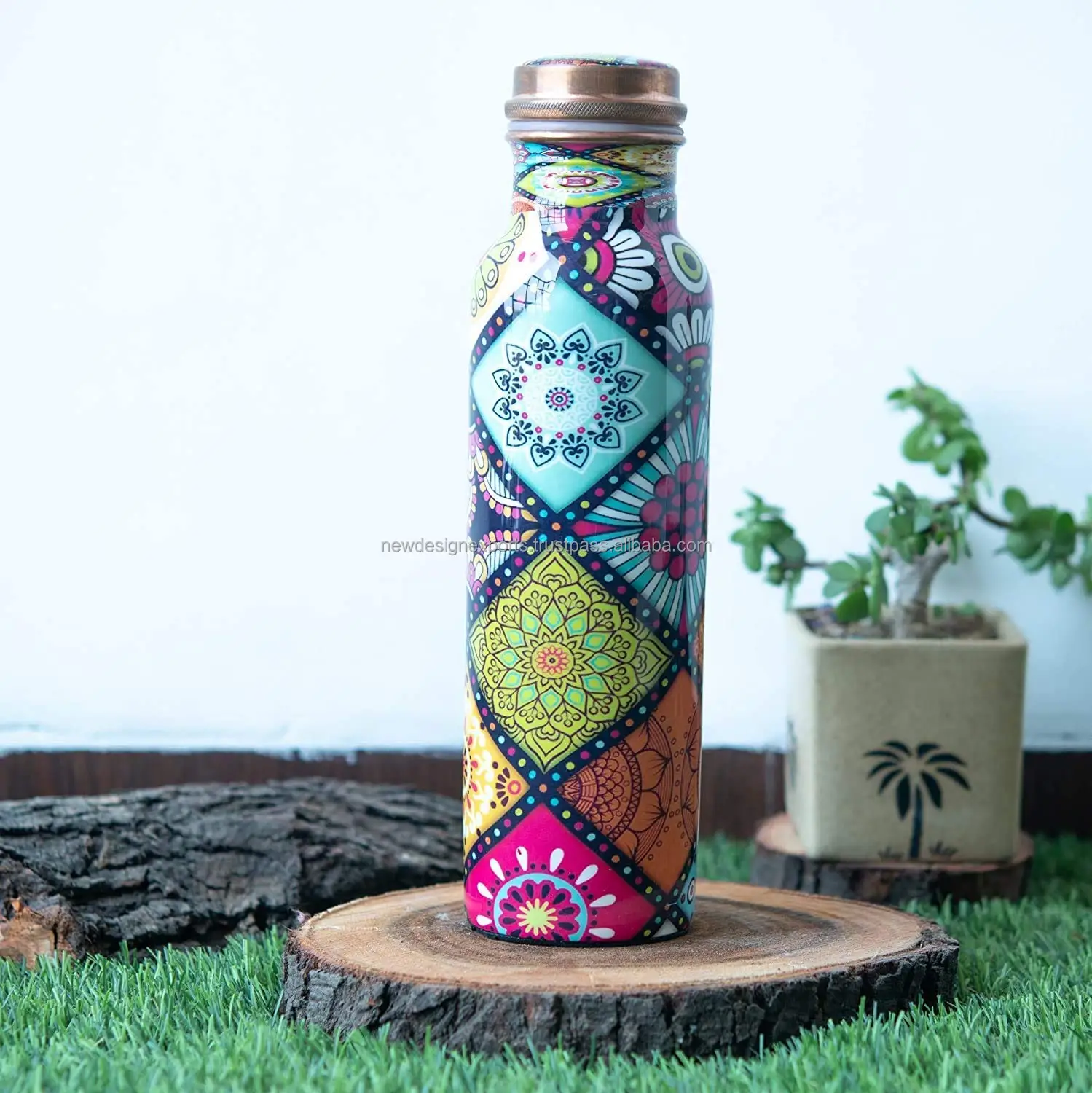 Copper Water Bottle Floral Printed Designer Bottle Pure Copper Bottle for Gym Yoga Travelling Multicolor