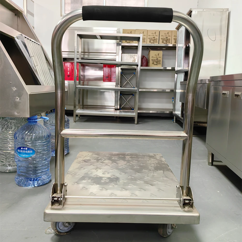 Wholesale 72*48cm Stainless Steel Platform Trolley Hand Cart Foldable High Duty Warehouse Cargo Mobile Premium Flatbed Trolley