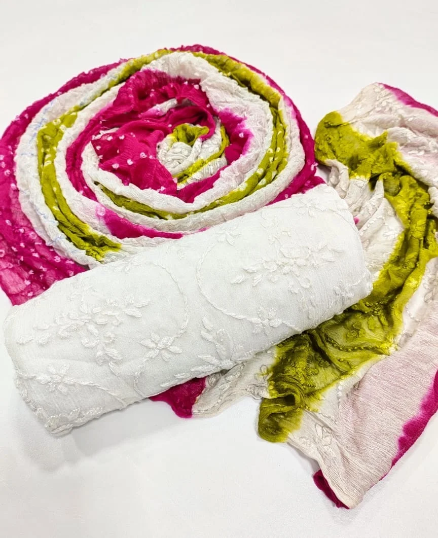 Pakistani Handmade Colour full Chunri Dupatta with Embroidered Kameez Unstitched 3 piece Suit in Premium Packaging