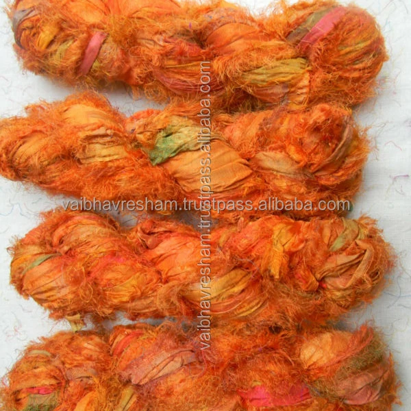 Recycled Sari Silk Tangerine Orange Fuzzy Ribbon For Knitting & Craft Work