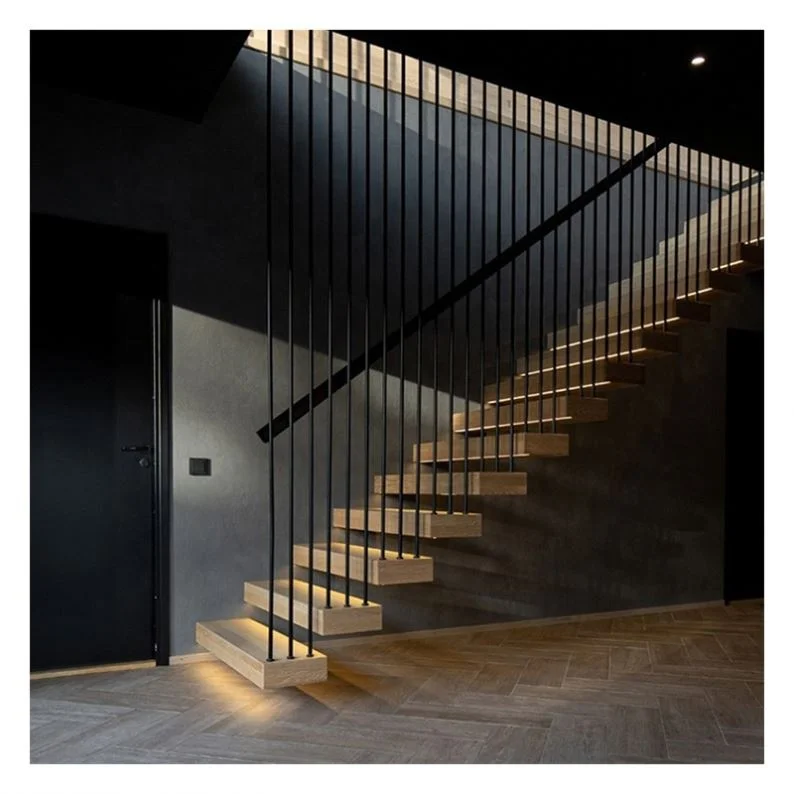 Alucasa Wooden Glass Prefabricated Stairs Straight Metal Oak Wood Indoor Staircases